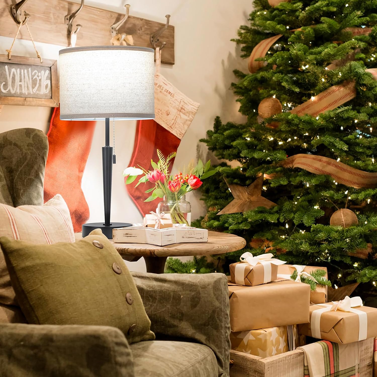 GGOYING Set of 2 Bedside Table Lamp, Pull Chain Nightstand Lamps with USB C Charging Ports, 5000K LED Bulb, Round Fabric Linen Lampshade for Livingroom,Bedroom,Home - Image 3