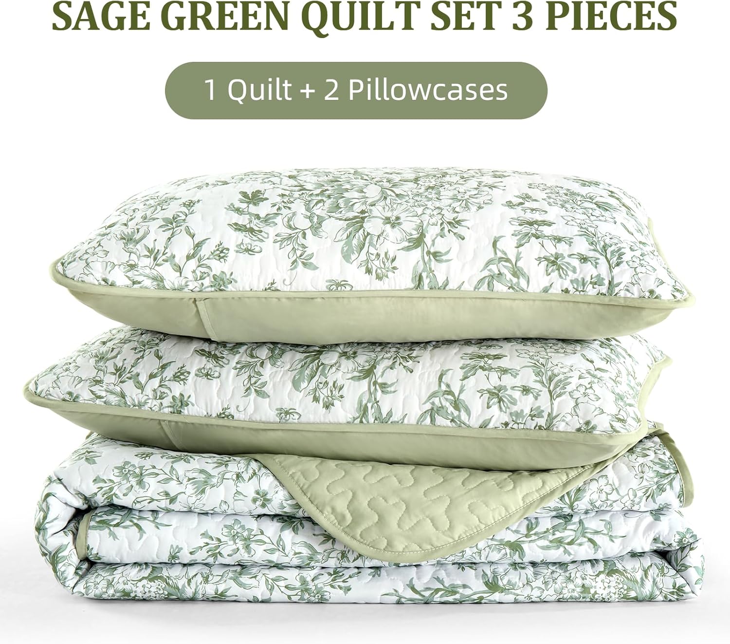 WONGS BDEEING Quilt King Size, Sage Green Quilt Bedding Set with 2 Pillowcases, Botanical Quilt for King Bed, Soft Microfiber Lightweight Coverlet Bedspread for All Season (110"×90", 3 Pieces) - Image 7