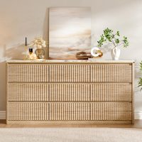 Fluted Dresser for Bedroom with 9 Drawers,62.99" Modern Chest of Drawers with Faux Marble Top, Curved Profile Design,Dresser TV Stand, Wood Drawer Organizer for Living Room, Hallway, Wood - Image 7
