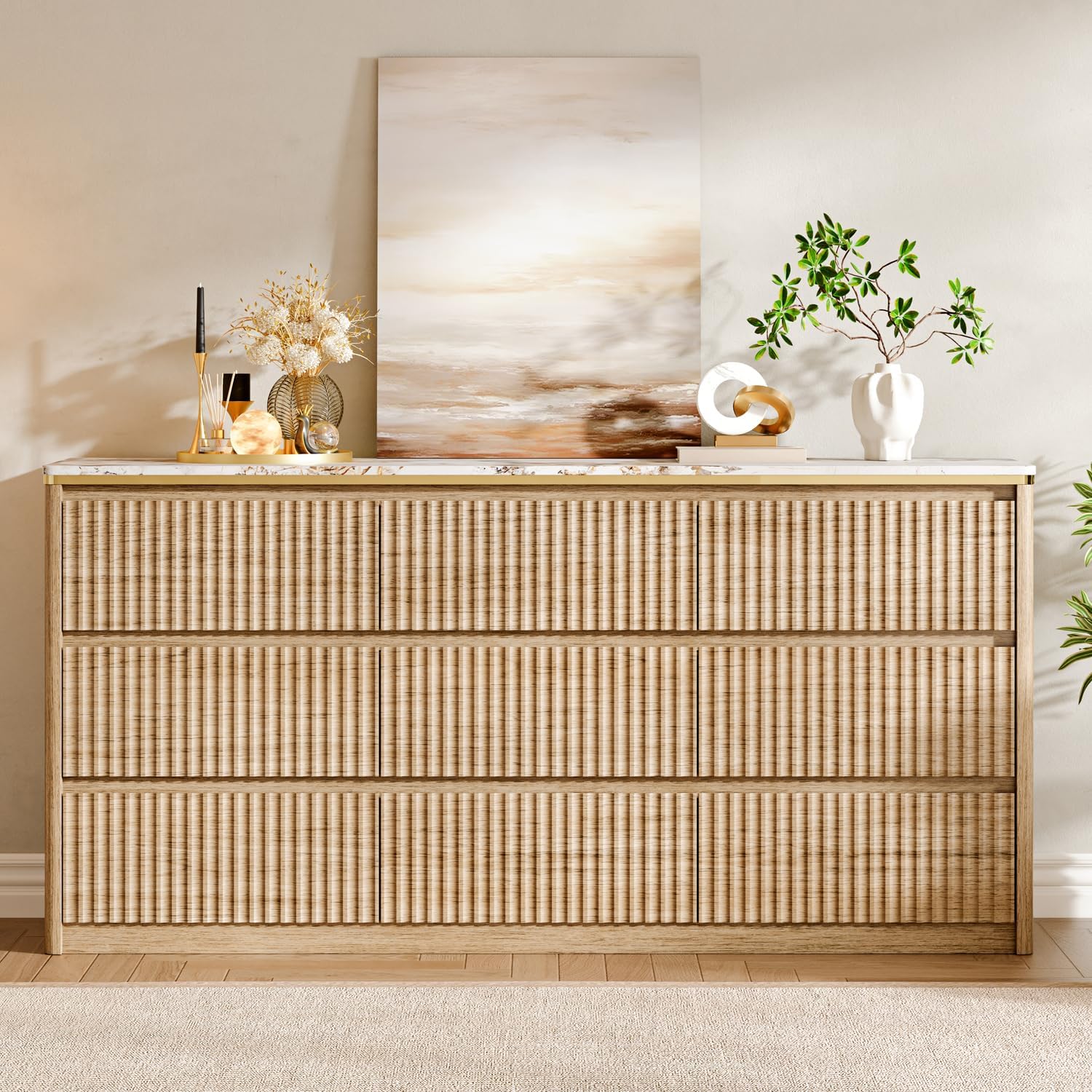 Fluted Dresser for Bedroom with 9 Drawers,62.99" Modern Chest of Drawers with Faux Marble Top, Curved Profile Design,Dresser TV Stand, Wood Drawer Organizer for Living Room, Hallway, Wood - Image 7
