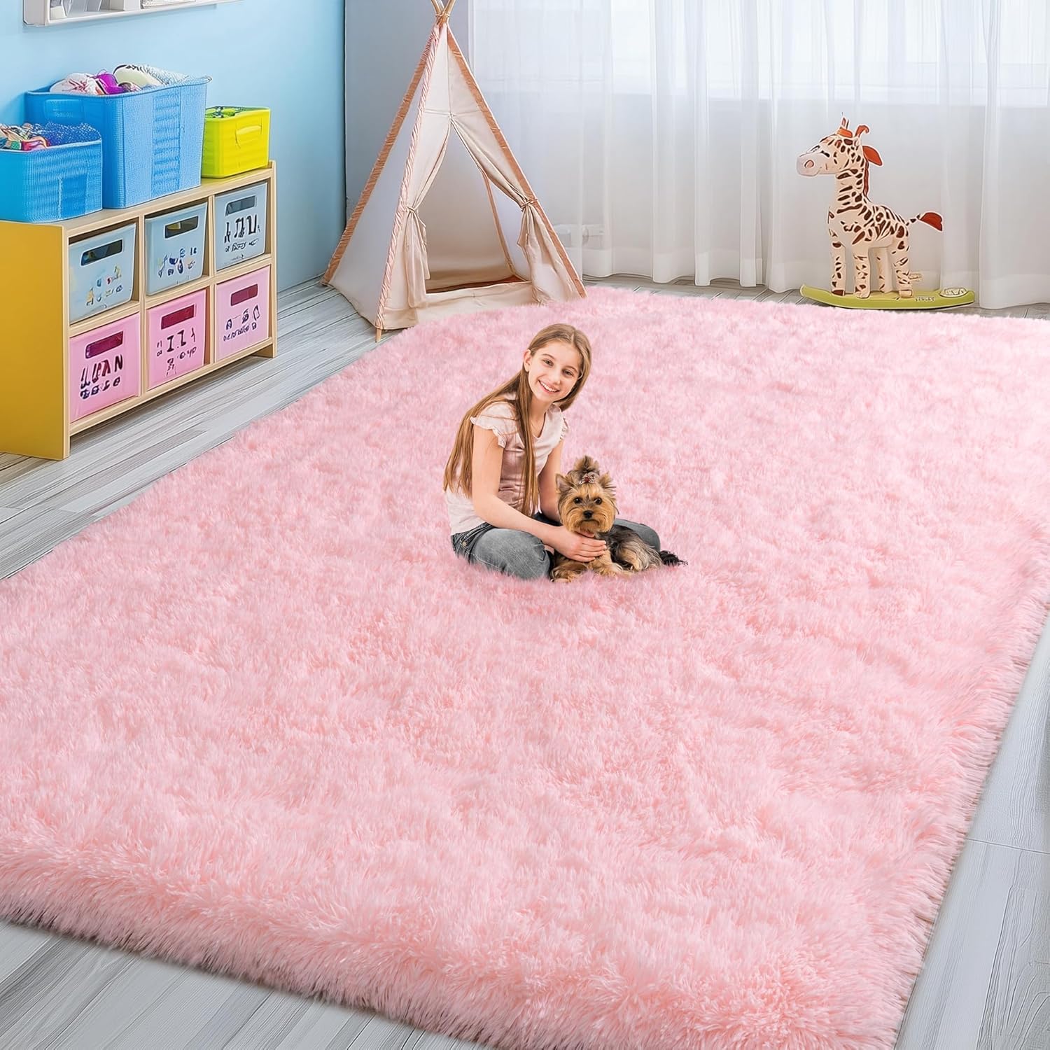 Fluffy Pink Rug for Bedroom Girls, 5x7 Soft Fuzzy Plush Shag Area Rug for Living Room, Cute Comfy Throw Rug for Kids, Non-Slip Indoor Shaggy Floor Carpet for Nursery Teen Dorms Home Decor Aesthetic - Image 3