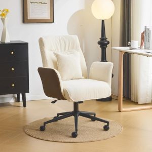 VINGLI Beige Swivel Office Chair with Back & Lumbar Pillow,Padded Arms,with Wheels,Comfy Modern Desk,Sewing,Dining,Vanity,Computer Task Chair for Home,Makeup,Nail Tech,Bedroom,Living Room,Chenille