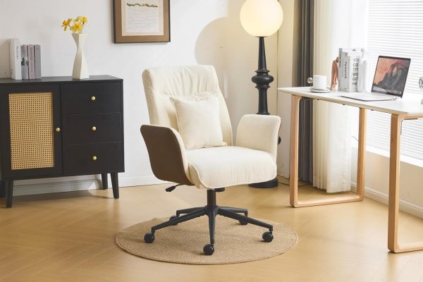 VINGLI Beige Swivel Office Chair with Back & Lumbar Pillow,Padded Arms,with Wheels,Comfy Modern Desk,Sewing,Dining,Vanity,Computer Task Chair for Home,Makeup,Nail Tech,Bedroom,Living Room,Chenille