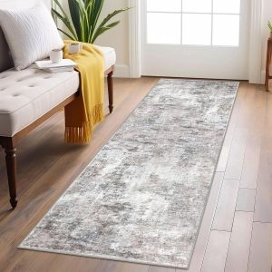 Modern Abstract Runner Rug 2x6, Beige Grey Washable Kitchen Runner Non-Slip Soft Hallway Rug Runner Thin Print Faux Wool Carpet for Entryway Bedroom Laundry Room Indoor Home Decor