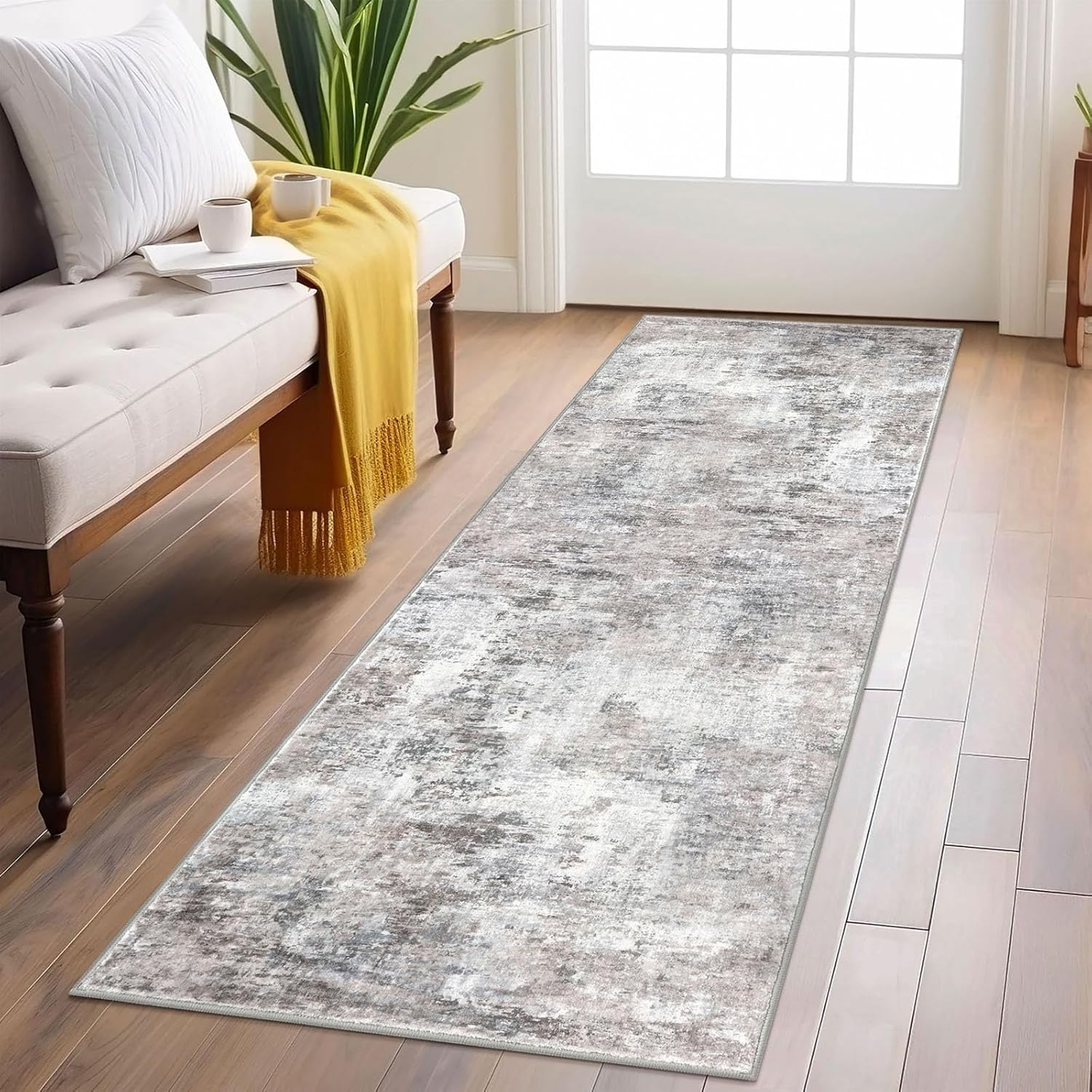 Modern Abstract Runner Rug 2x6, Beige Grey Washable Kitchen Runner Non-Slip Soft Hallway Rug Runner Thin Print Faux Wool Carpet for Entryway Bedroom Laundry Room Indoor Home Decor