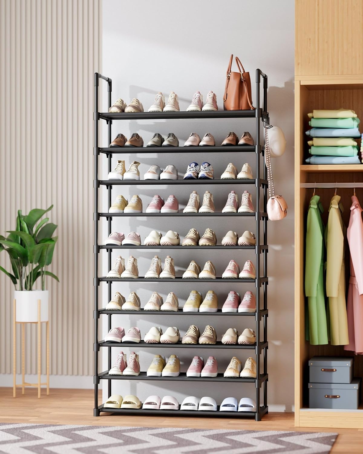 Kitsure Shoe Rack for Closet - 10-Tier Shoe Organizer with Hook Rack, Large-Capacity & Space-Saving Shoe Shelf for Entryway, Bedroom, Living Room,32.2" x 11.8" x 68.5", Black - Image 6