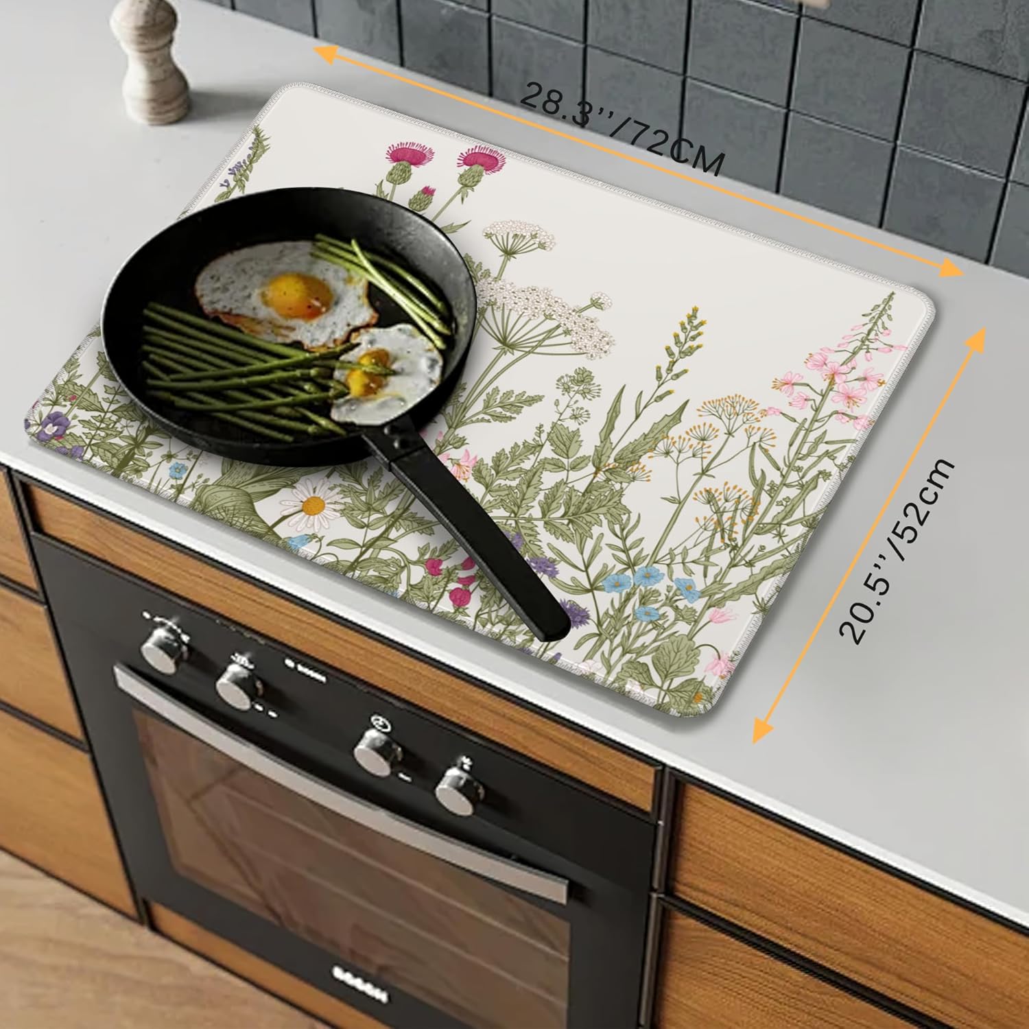 Electric Stove Top Cover Protector – Herbs and Wilds Flowers Glass Flat Top Stove Mat Oven Induction Cooktop Mat for Ceramic Countertop Mats Heat-Resistant Dish Drying Mat - Image 2