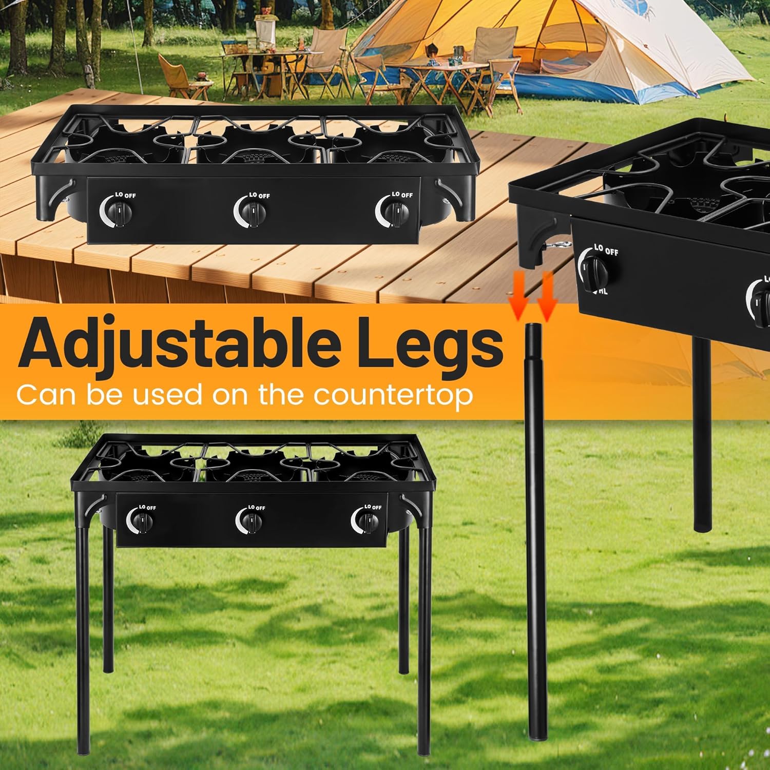 Outdoor Camping Stove, 225000 BTU, High Pressure 3 Burner, Propane Gas Cooker with Detachable Legs, 30 PSI Regulator - Image 4