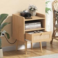 Night stand Set of 2, Bedside Tables with Charging Station, Rattan End Tables, Boho Bed Side Tables, Wood Nightstands set of 2 for Kids' Room Farmhouse Bedroom Living Room Dorm Sofa Couch (Natural) - Image 6