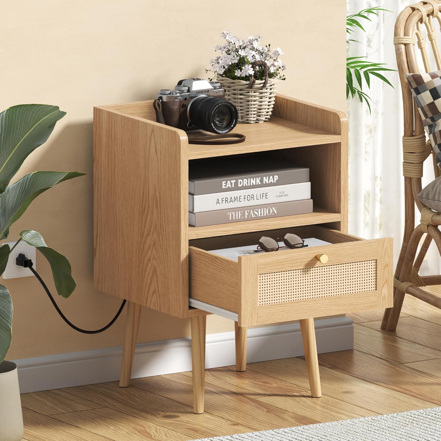 Night stand Set of 2, Bedside Tables with Charging Station, Rattan End Tables, Boho Bed Side Tables, Wood Nightstands set of 2 for Kids' Room Farmhouse Bedroom Living Room Dorm Sofa Couch (Natural) - Image 6