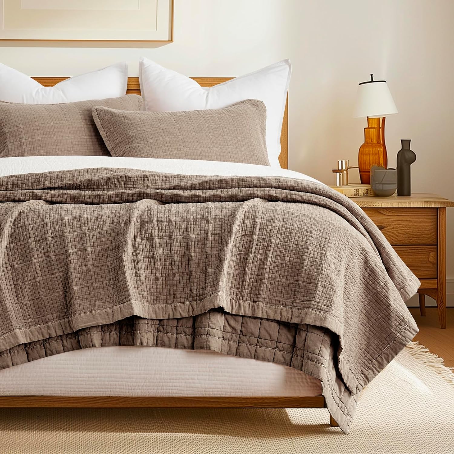 EVERGRACEHOME Stonewashed Cotton Quilt Set King Size, Ultra Soft Oversized Bedspread Coverlet Set, Lightweight Crinkle Box Stitch Bedding Sets for All Season, with 2 Shams, Mocha Brown - Image 3