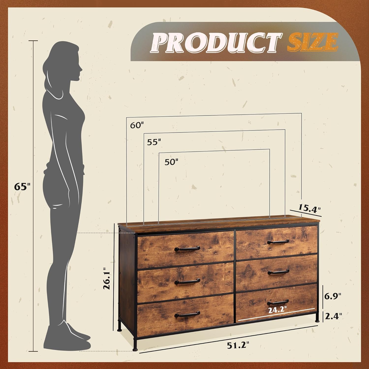 WLIVE 6 Drawer Dresser for Bedroom Large, Fabric Wide Dresser TV Stand for 50, 55, 60 inch TV, Big Long Chest of Drawers with Deep Drawer for Closet, Bedroom, Living Room, Hallway, Rustic Brown - Image 3