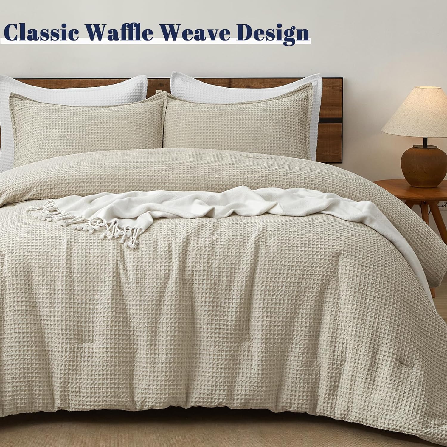 PHF Ultra Soft Waffle Weave Comforter Set Queen Size, 3 Pieces Lightweight Breathable Comfy Bedding Set for All Season, Comfy Textured 1 Comforter with 2 Pillow Shams, Linen - Image 5