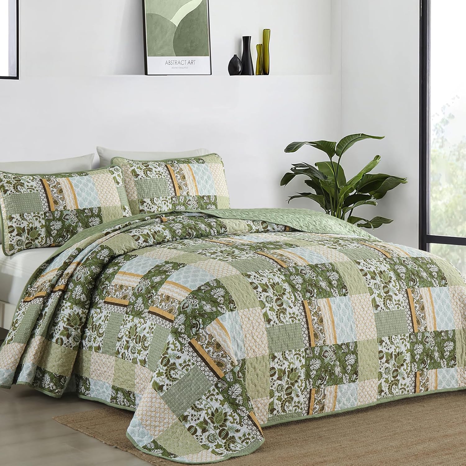 WONGS BEDDING Green Quilt Set King Size,Green Patchwork Plaid Printed Bedspread Coverlet Set,3 Pieces Summer Soft Microfiber Boho Bedding Set with 1 Quilt 2 Pillowcases - Image 8