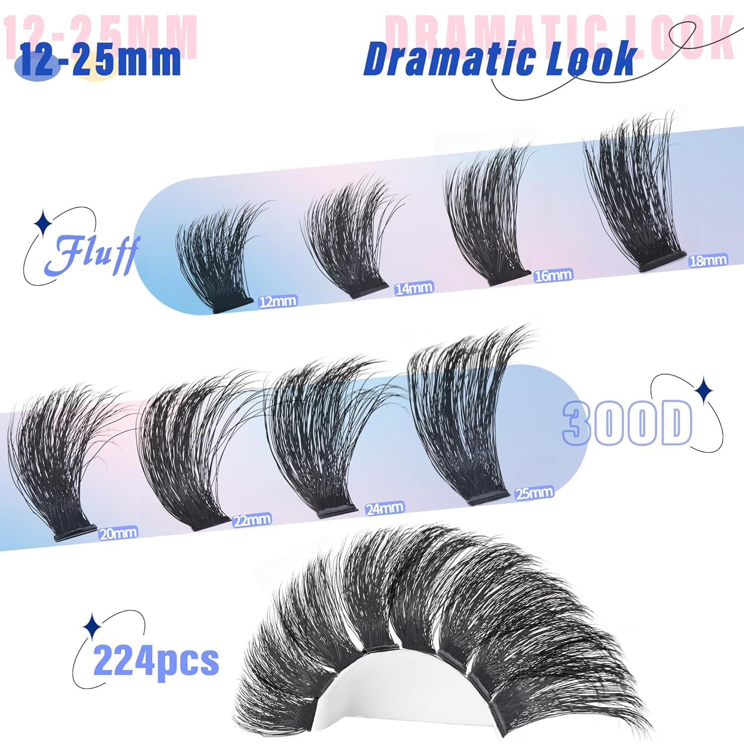 Lash Clusters 300D Thick Long 12-25mm Volume Cluster Eyelash Extensions 224Pcs Wispy Individual Lashes D Curl Waterproof Eyelash Clusters Soft False Eyelashes DIY at Home, by Yaiseiko - Image 2