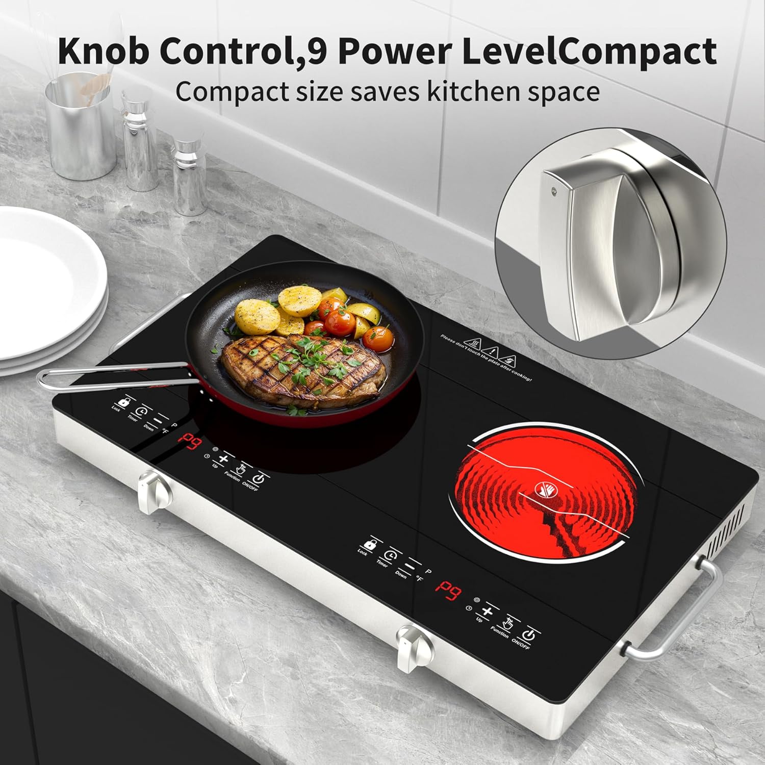 Electric Cooktop,110V 2400W Stove top, Countertop Cooktop with 9 Power Levels, LED Display,Child Safety Lock, Timer,Knob and Touch Control 2 burner Electric cooktop - Image 8