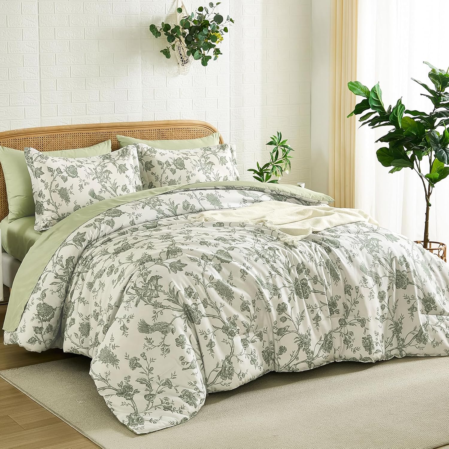Luxudecor Floral Queen Comforter Set 7 Pieces Bed in a Bag, Sage Green Flower with Bird Bedding Set, Soft Reversible Comforter with Sheet Set 90"x90" - Image 2