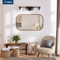 Amico 4-Light Bathroom Vanity Light Fixtures, Rustic Industrial Painted Wood Farmhouse Light fixtures, Vintage Black Wall Sconces Bathroom Vanity Lighting with Clear Glass Shade - Image 7