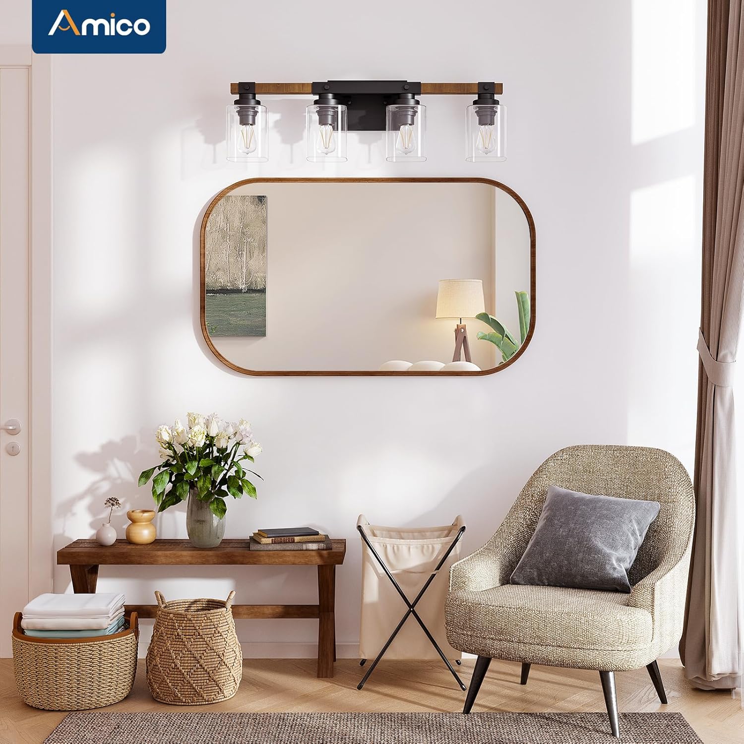 Amico 4-Light Bathroom Vanity Light Fixtures, Rustic Industrial Painted Wood Farmhouse Light fixtures, Vintage Black Wall Sconces Bathroom Vanity Lighting with Clear Glass Shade - Image 7
