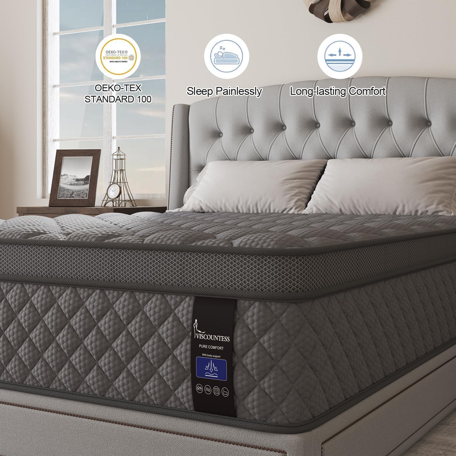 Full Mattress, 14 Inch Hybrid Mattresses Grey Euro Top Medium Firm for Back & Lumbar Support, 100 Night Trial, Individual Pocket Spring Bed for Motion Isolation & Pressure Relief - Image 7