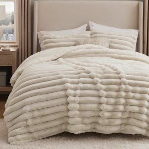 Bedsure Faux Fur King Size Comforter Set - Beige Fluffy Comforter King Size, Soft and Cozy Shaggy Bedding Comforter Sets, Winter Warm Luxury Fuzzy Bed Set 3 Pieces, 1 Comforter and 2 Pillowcases