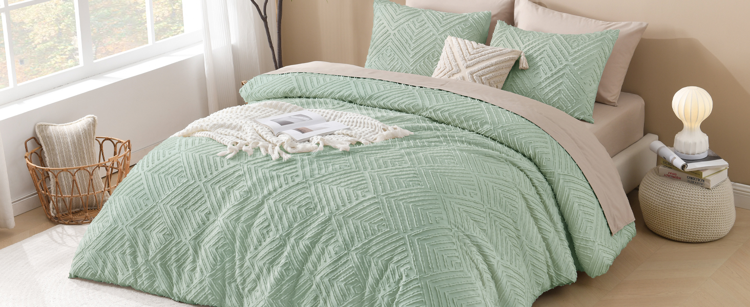 sage green boho comforter set tufted design
