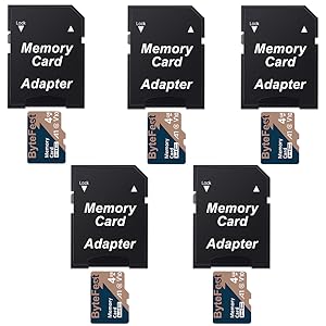 Multiple memory card adapters shown with blue microSD cards. Each adapter is labeled 'Memory Card Adapter' in white text on a black background.