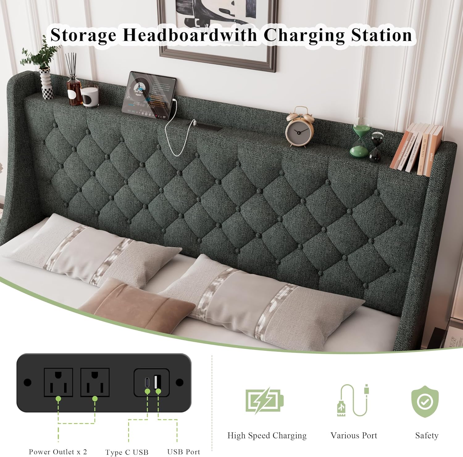 Feonase Queen Bed Frame with 4 Storage Drawers, Upholstered Storage Bed with Charging Station, Tufted Wingback Headboard, No Box Spring Needed, Dark Grey - Image 5