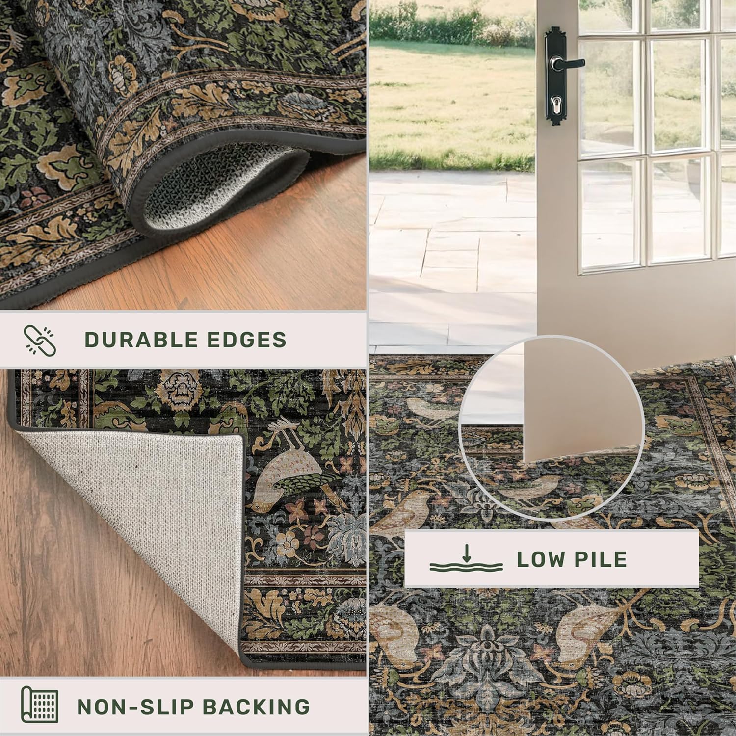 Vintage Floral Area Rug 5x7 for Living Room - Dark Green Forest Bird Rugs for Bedroom, Dinning Room, Office, Non Slip Stain Resistant Low Pile - Image 3