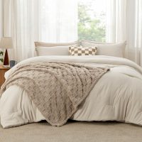 Bedsure Comforter Queen Size 5 Pieces - Queen Size Comforter Set with Checkered Throw Blanket and Decorative Pillow, Lightweiget Bedding, All Season Bedding Sets, Linen Beige - Image 2