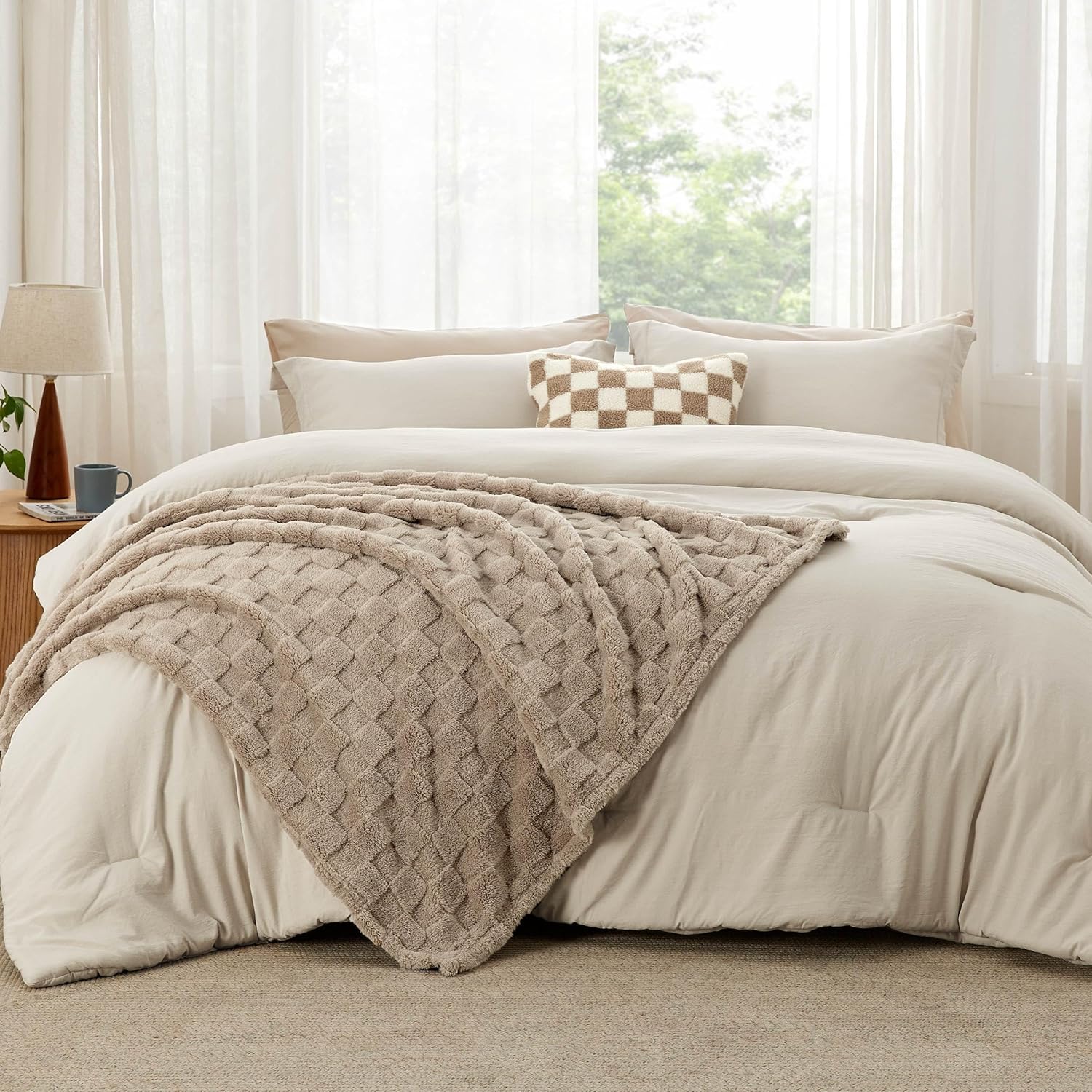 Bedsure Comforter Queen Size 5 Pieces - Queen Size Comforter Set with Checkered Throw Blanket and Decorative Pillow, Lightweiget Bedding, All Season Bedding Sets, Linen Beige - Image 2