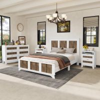 4 Pieces Bedroom Sets Queen Size Farmhouse Platform Bed with Wooden Strip Decoration, 2 Storage Nightstands and A 6-Drawer Dresser with Metal Handle for Kids Teens Adults - White - Image 2