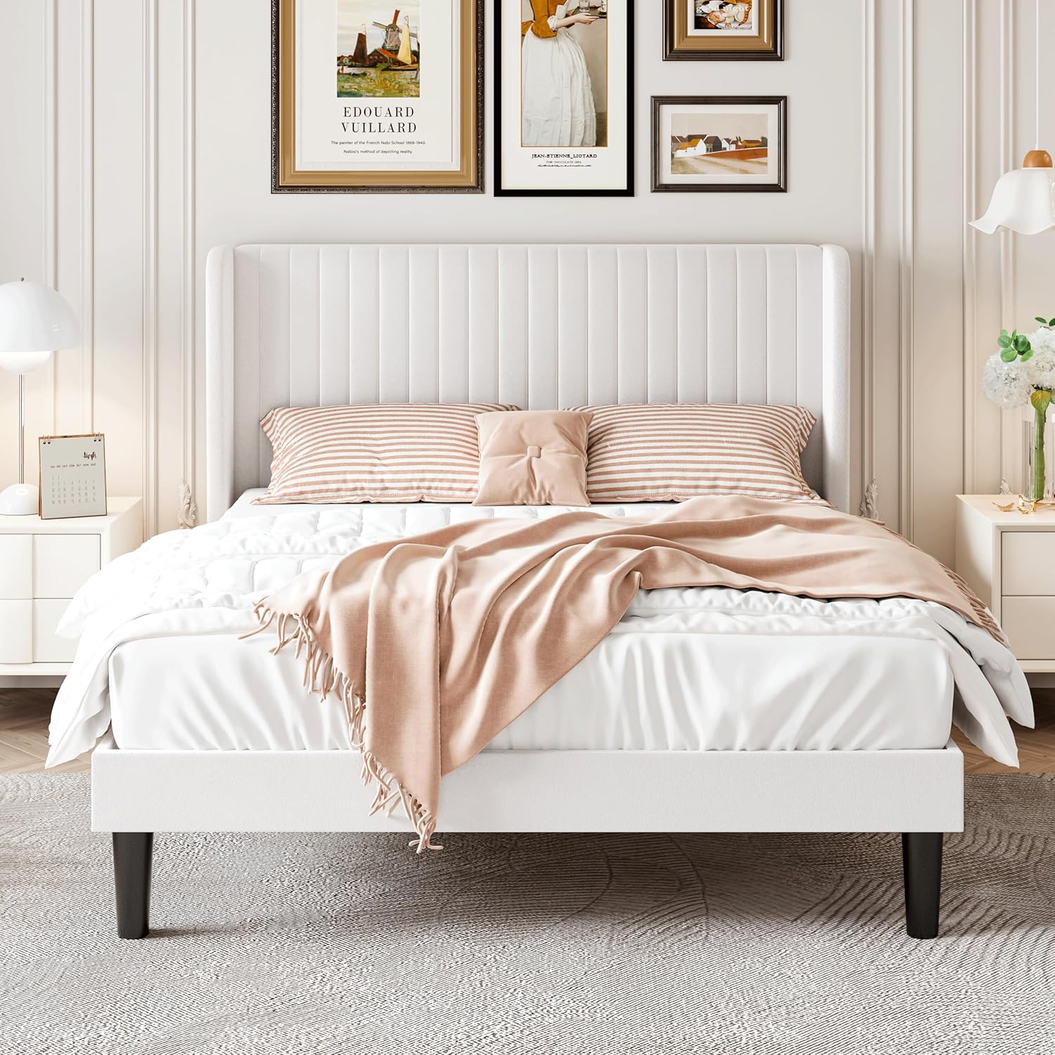 SHA CERLIN Queen Size Velvet Bed Frame with Vertical Channel Tufted Wingback Headboard, Upholstered Platform Bed with Wood Slats, No Box Spring Needed, Easy Assembly, White - Image 3
