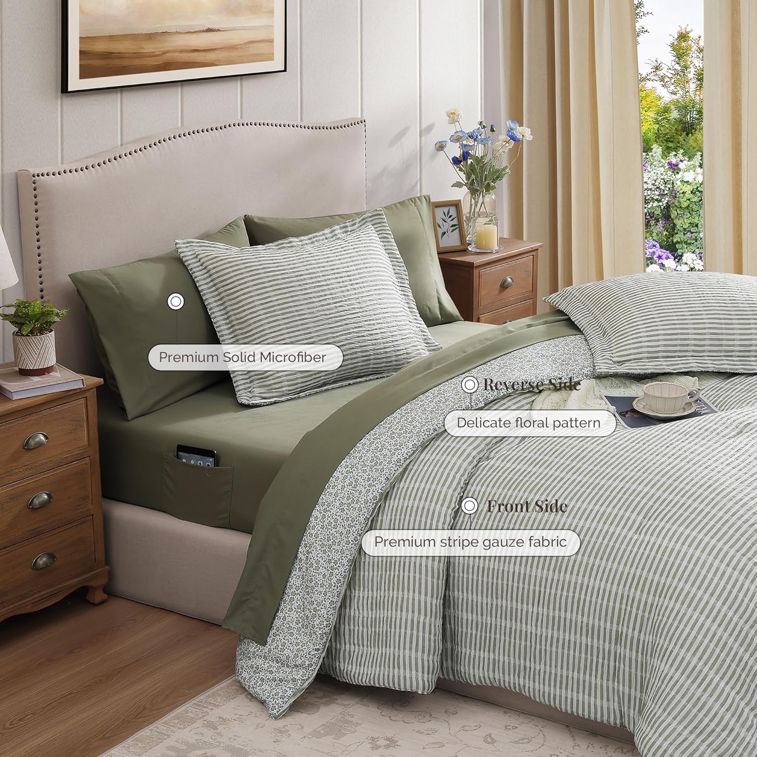 Queen Comforter Set - 7 Pieces Green Gauze Muslin Bedding Sets for All Seasons, Lightweight Breathable Bed in a Bag Queen with Revesible Farmhouse Comforter, Sheets, Pillowcases & Shams - Image 5