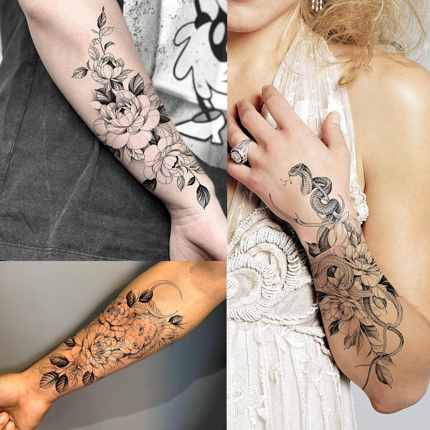 64 Sheets Long Lasting Flower Temporary Fake Tattoos For Women Arm Neck, Jellyfish Sunflower Moon Rose For Adults Girl, 3D Temp Realistic Snake Tatoo Stickers Serpent Peony Floral Kids - Image 4
