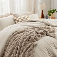 Bedsure Comforter Queen Size 5 Pieces - Queen Size Comforter Set with Checkered Throw Blanket and Decorative Pillow, Lightweiget Bedding, All Season Bedding Sets, Linen Beige - Image 6