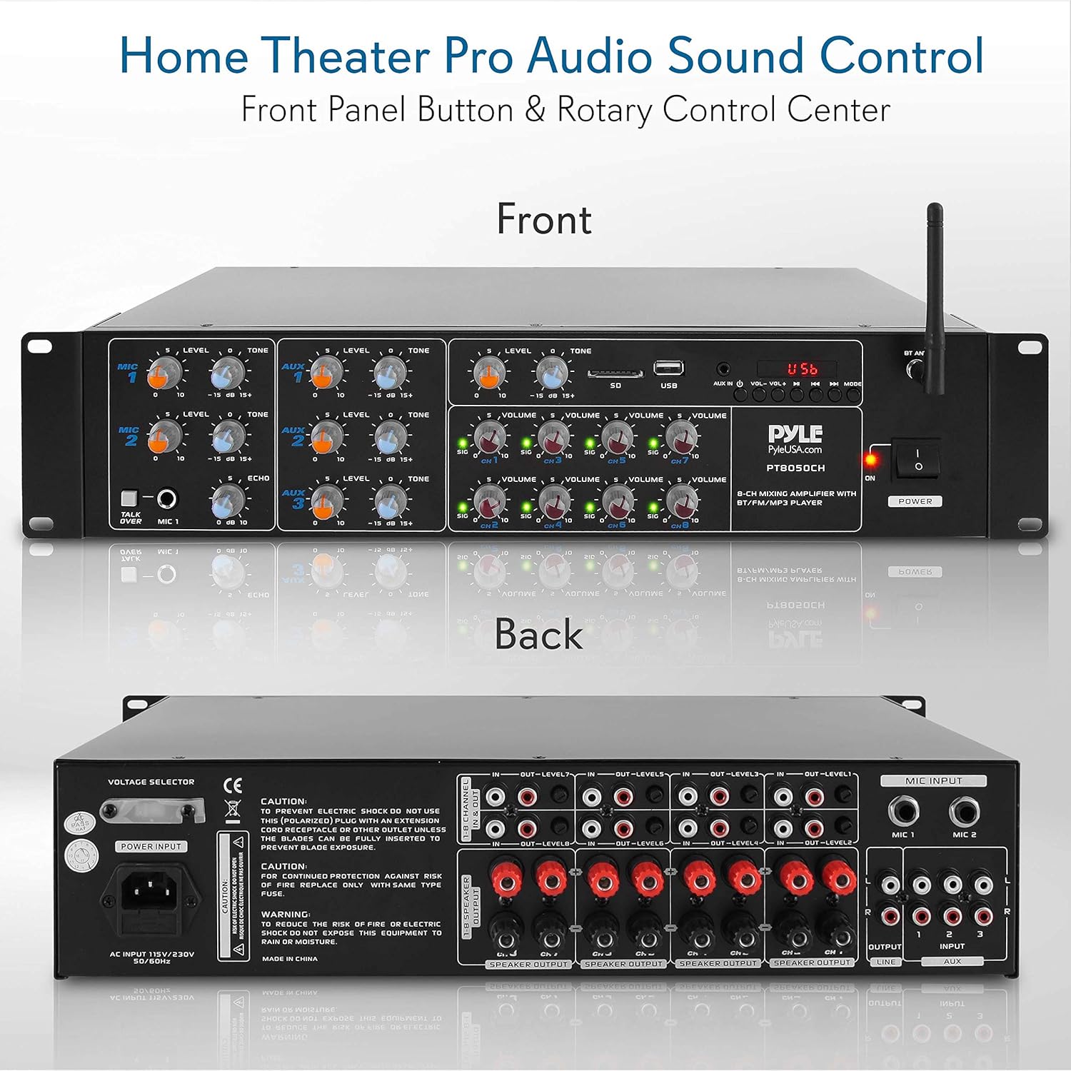 Pyle 8-Channel Wireless Bluetooth Power Amplifier - 4000W Rack Mount Multi Zone Sound Mixer Audio Home Stereo Receiver Box System w/ RCA, USB, AUX - For Speaker, PA, Theater, Studio/Stage - PT8050CH - Image 2