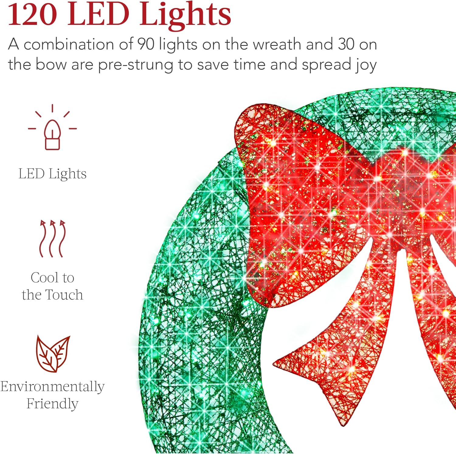 Best Choice Products 36in Pre-Lit Outdoor Christmas Wreath Decoration, LED Metal Holiday Decor for Home w/ 120 Lights, Bow - Green/Red - Image 3