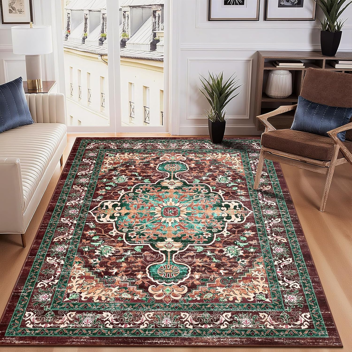 U'Artlines Boho Vintage Area Rug 5x7 Machine Washable Low Pile Ultra-Thin Soft Floor Carpet Non Slip Non Shedding Accent Rug for Living Room Bedroom Entryway Dining Room Office(Rust&Teal)