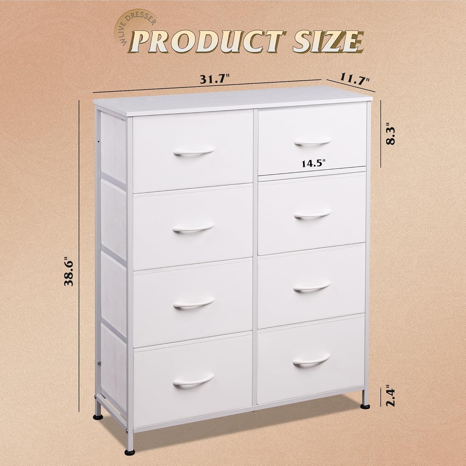 WLIVE Fabric Dresser for Bedroom, Tall Dresser with 8 Drawers, Storage Tower with Fabric Bins, Double Dresser, Chest of Drawers for Closet, Playroom, Dormitory, White - Image 3