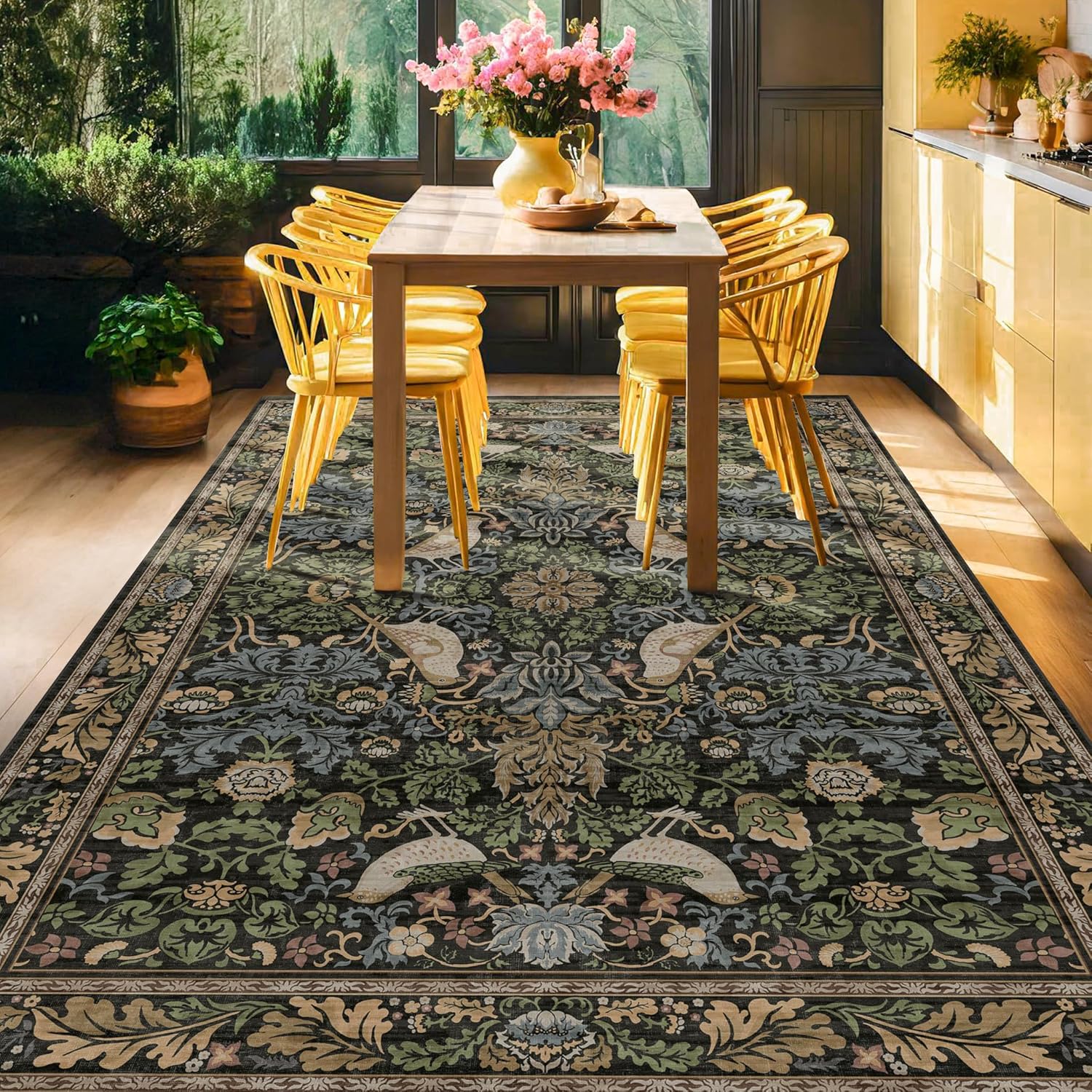 Vintage Floral Area Rug 5x7 for Living Room - Dark Green Forest Bird Rugs for Bedroom, Dinning Room, Office, Non Slip Stain Resistant Low Pile - Image 5