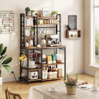 Baker Rack with Power Outlet - Microwave Stand with Storage, Large Coffee Bar Station with 14 Hooks, Metal Kitchen Shelf Rack for Spices, Pots (Rustic Brown) - Image 2