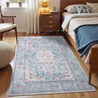 4x6 Blue Washable Boho Area Rug for Bedroom, Vintage Floral Non Slip Living Room Rugs, Soft Low Pile Indoor Mat, Aesthetic Pattern Carpet for Kitchen, Dining Room and Bedside - Image 3