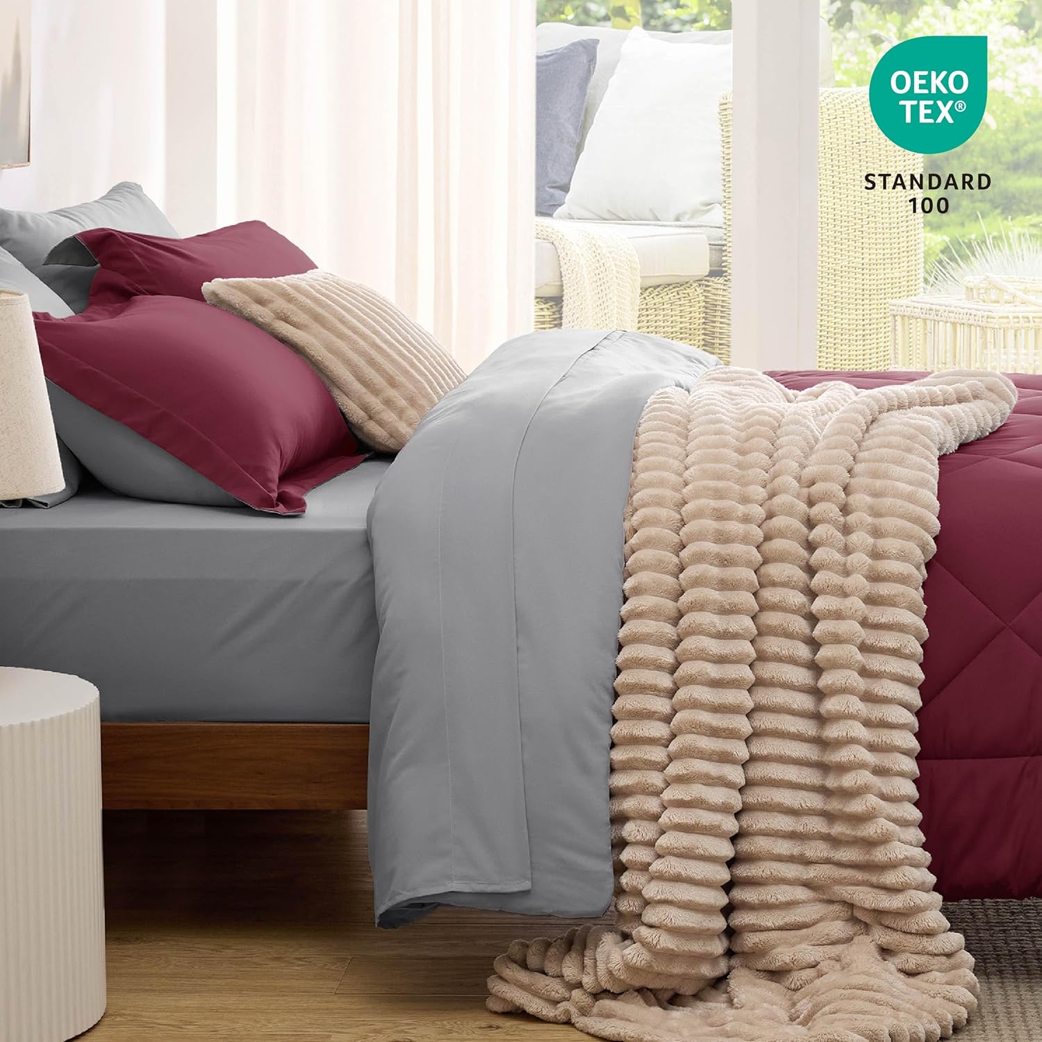 Bedsure Queen Comforter Set - 7 Pieces Reversible Burgundy Bedding, Queen Size Bed Set for All Seasons, Bed in a Bag with Down Alternative Comforter, Sheets, Pillowcases & Shams - Image 4
