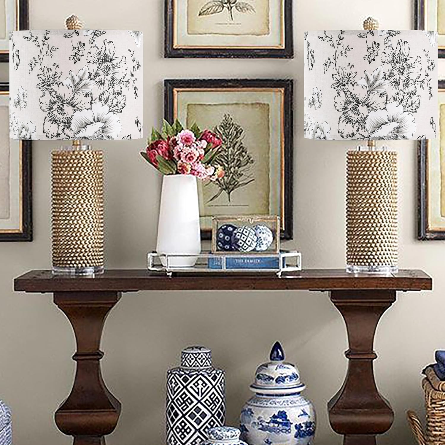 Chrysanthemum Pattern Printed Lamp Shade, Drum Lampshades 14" Top x 14" Bottom x 11" High, Seaside village Medium Lampshades (Spider Fitter), Natural Linen Hand Crafted, Easy Assembly Required - Image 5