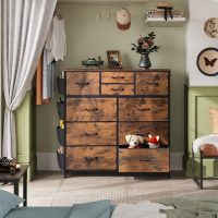 WLIVE Fabric Dresser for Bedroom with 10 Drawers, Chest of Drawers with Side Pockets and Hooks, Sturdy Metal Frame, Drawers Organizer Unit for Living Room, Hallway, Rustic Brown Wood Grain Print - Image 2