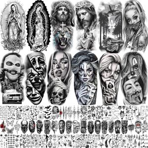 73 Sheets Halloween Chicano Temporary Tattoos For Women Men Adults Cholo Chola, Our Lady of Guadalupe Tattoo Stickers Religion, Chicana Gangster Prisoner Mexico Culture Joker Fake Tattoo Jesus Christ