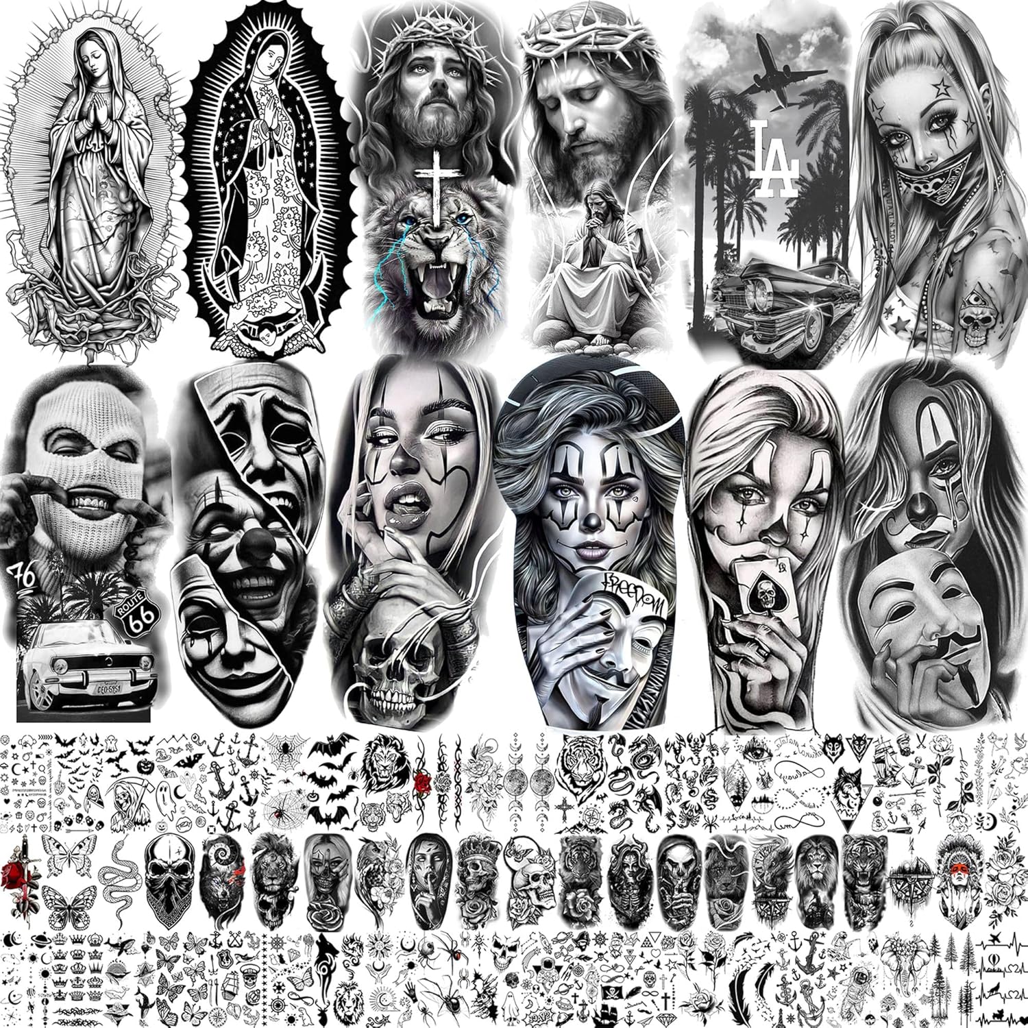 73 Sheets Halloween Chicano Temporary Tattoos For Women Men Adults Cholo Chola, Our Lady of Guadalupe Tattoo Stickers Religion, Chicana Gangster Prisoner Mexico Culture Joker Fake Tattoo Jesus Christ