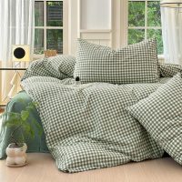 Queen Comforter Set Green Gingham Comforter Modern Style Checkered Pattern Comforter Set Boho Grid Plaid Bedding Comforter Lightweight Fluffy Soft Grid Bedding Set Queen Size Breathable - Image 2