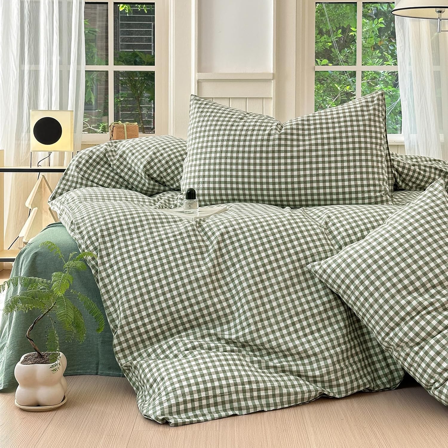 Queen Comforter Set Green Gingham Comforter Modern Style Checkered Pattern Comforter Set Boho Grid Plaid Bedding Comforter Lightweight Fluffy Soft Grid Bedding Set Queen Size Breathable - Image 2